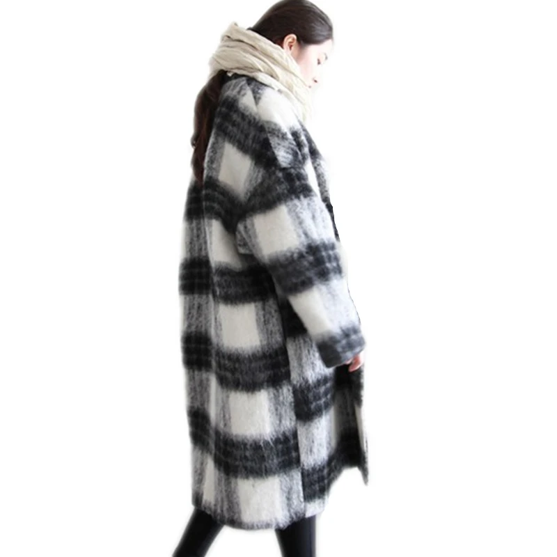

Зимняя одежда, новое шерстяное пальто в клетку, плотное теплое шерстяное пальто, женское модное Свободное пальто, длинное повседневное хлоп...