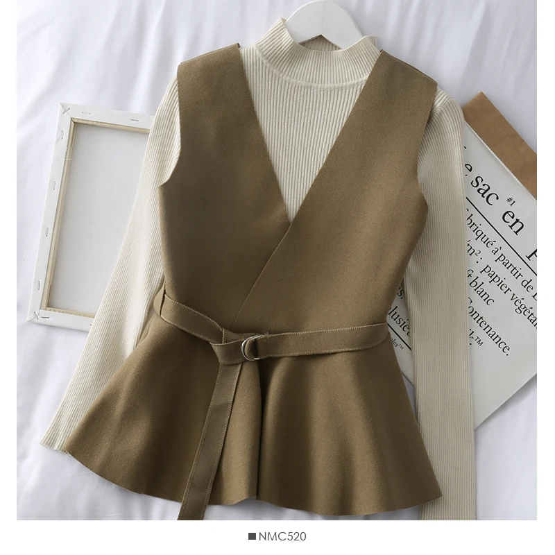 Amolapha Женский вязаный Топ пуловеры + твидовый ремень жилет пальто 2 шт наборы