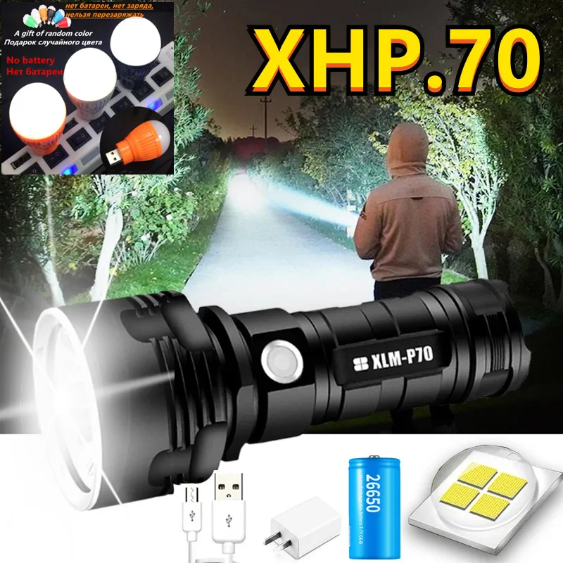 

Супермощный светодиодный фонарик XHP70, Тактический фонарик с зарядкой от USB, водонепроницаемый Ультраяркий фонарь для кемпинга, 2022