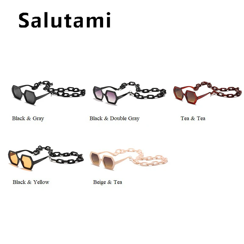 

Unique Sunglasses Chain Set For Women 2020 Luxury Brand Polygon Square Sun Glasses Female Vintage Punk Eyewear Beige Men Shades