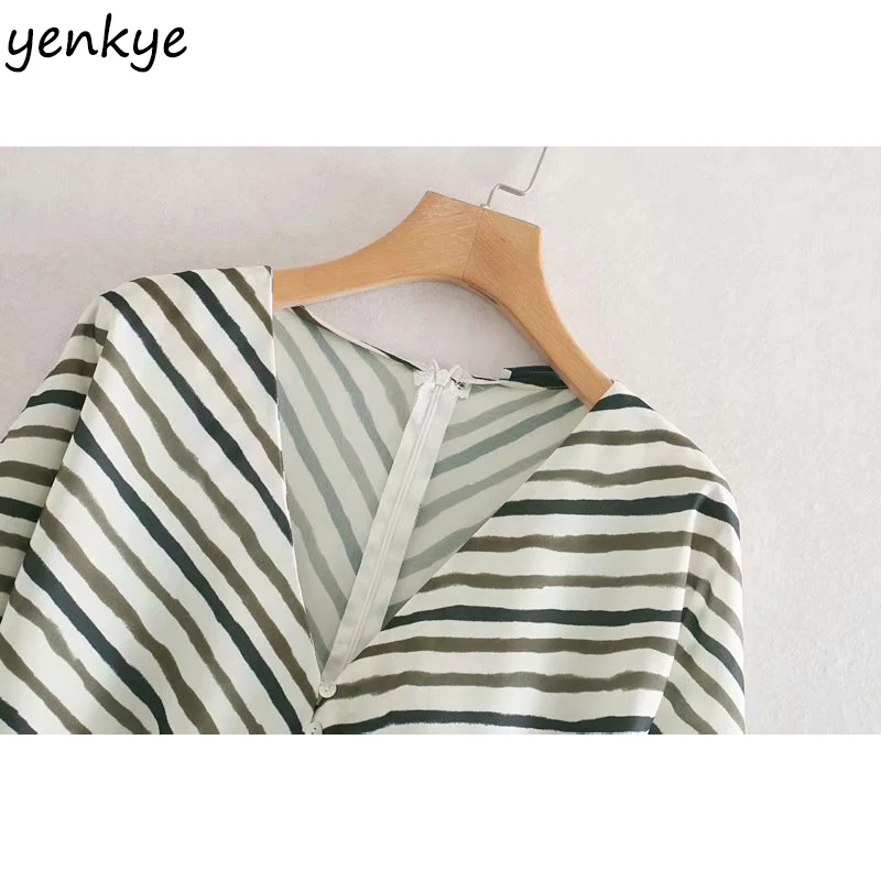 2019 женское винтажное платье в полоску с v-образным вырезом и длинным рукавом