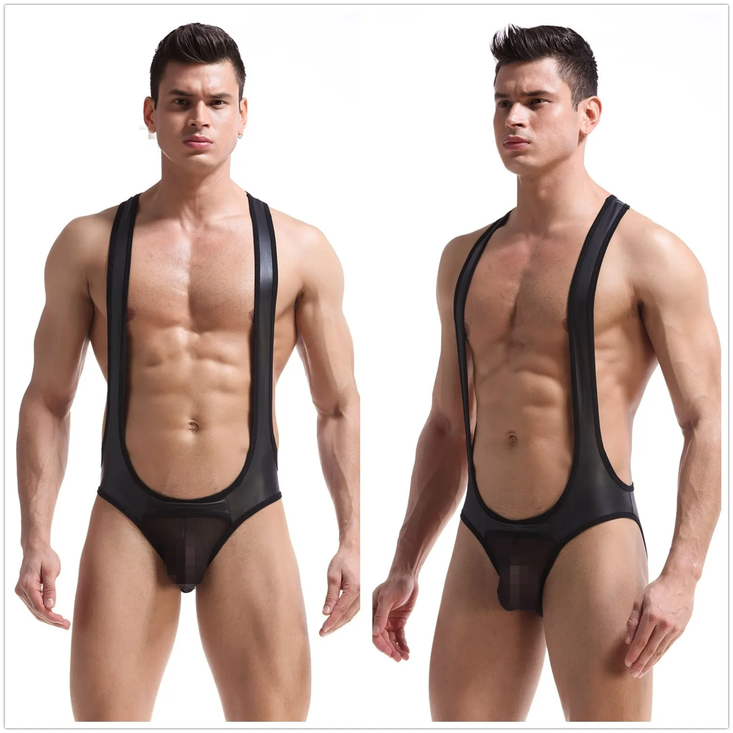 

Men's Underwear Mesh Bodysuit Jockstrap Wrestling Singlet Leotard Jumpsuits Suspender Sexy U convex design Imitation leather 815