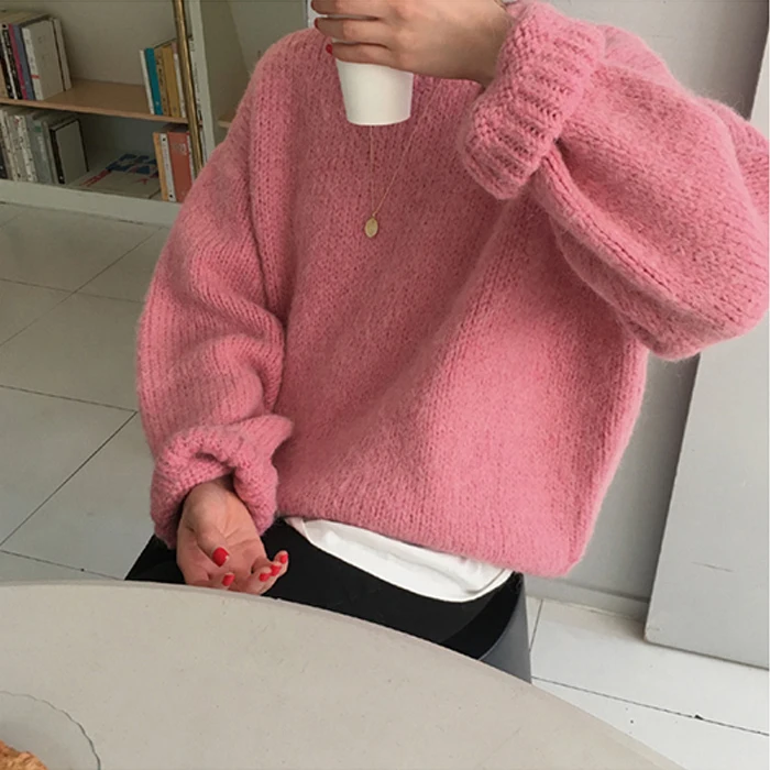 

Pink Women Sweater Pullover Female Knitting Sweaters Long Sleeve Girls Loose Elegant Knitted Thick Outerwear Plus Size