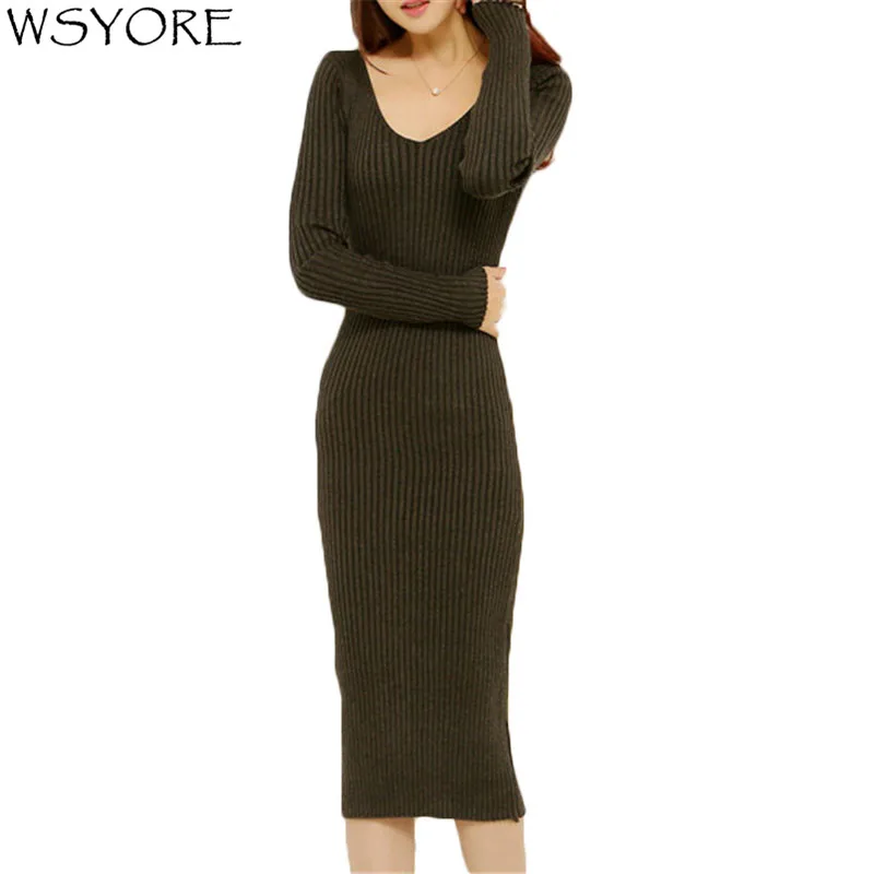 WSYORE Женская Повседневная с длинным рукавом и v-образным вырезом вязаные платья