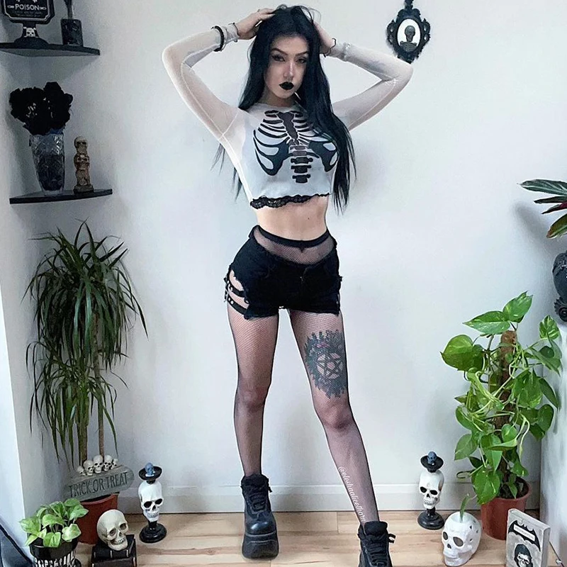 

Gothic Print Mesh Cami Women White Mesh Cute Sleeveless Tank Top Sexy Vintage Bustier Corset Crop Top Tee Summer 2021 Iamhotty