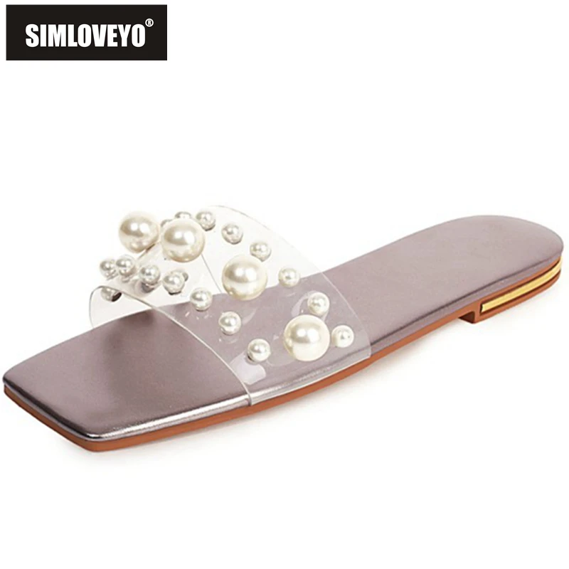 

SIMLOVEYO 2021 Summer Casual Sweet Fashion Ladies Slippers Flat Pearl Slingbacks Open Toe PU Leather Size 34-43 Silver A4162