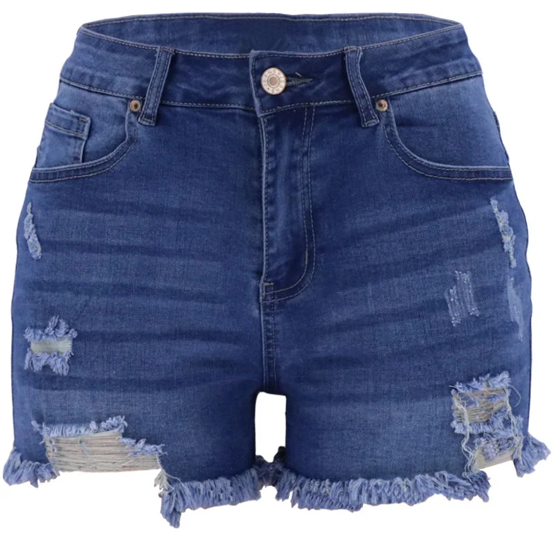 

Denim Ripped Hole Tassel Hem Women Shorts High Waist Pocket Zipper Female Short Pants 2021 Solid Streetwear Casual Lady Bottoms