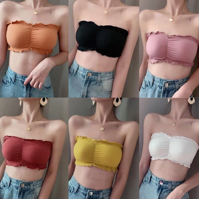 

Women Strapless Ruffles Bandeau Bra Ribbed Solid Color Wrapped Chest Tube Top Layering Back Buckle Bralette Underwear