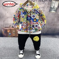 winter childrens clothing sets kids boys flower printed hoodies plush jeans 2pieces costume kids suits 2 6years boys sets