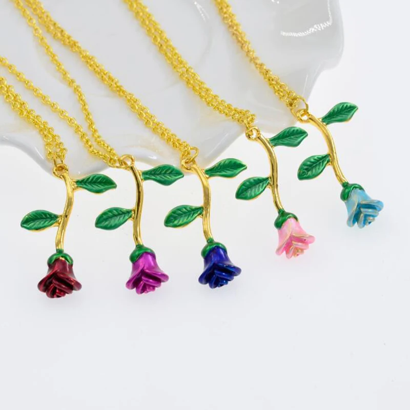 DoreenBeads модный эмалевый кулон для женщин, девушек, розовое золото, красный цветок розы, кулон 50 см(19 5/")-45 см(17 6/8"), длинный 1 шт