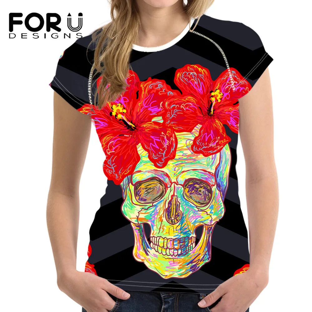 Удобная футболка FORUDESIGNS женские готические черепа дизайнерские Брендовые топы с