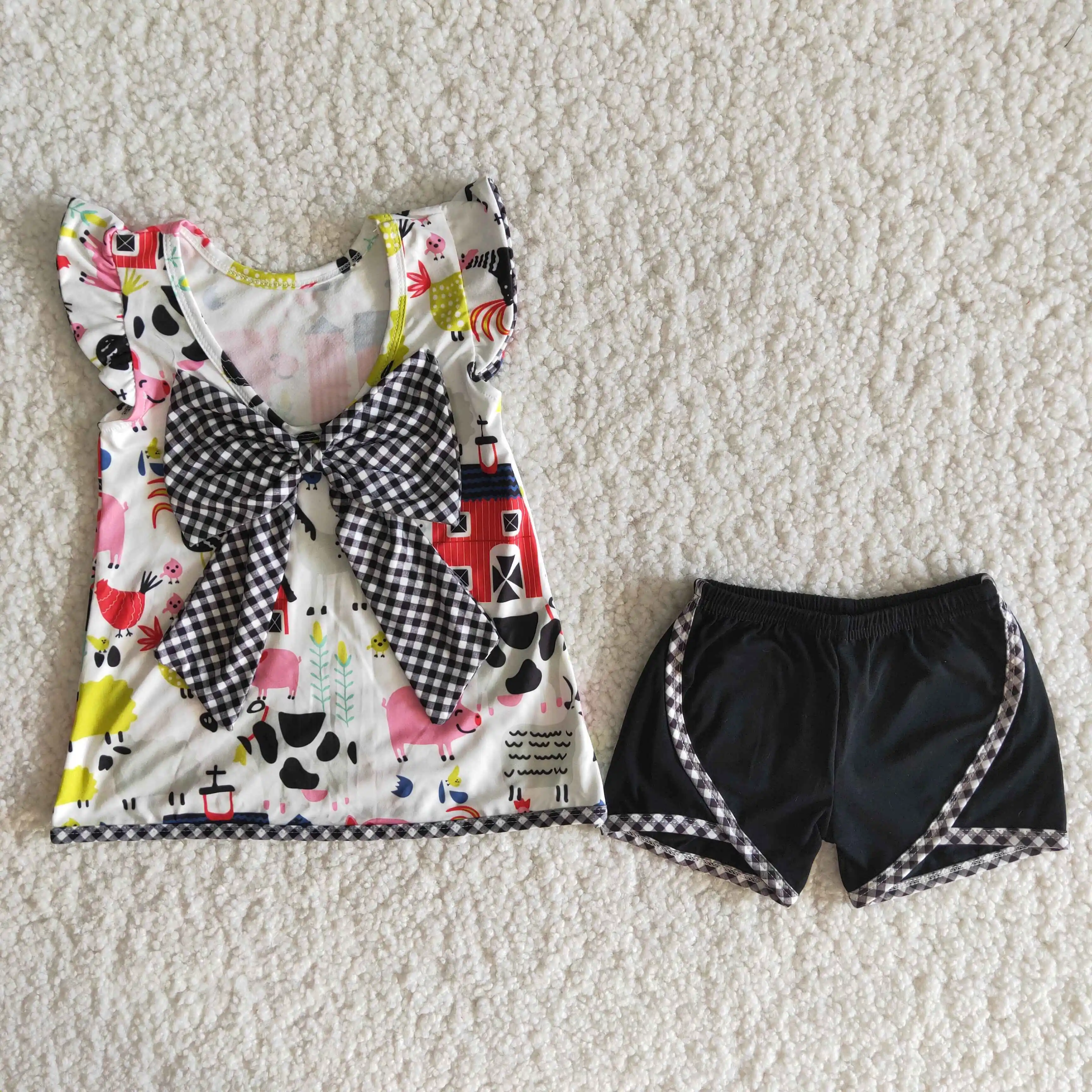 

New Baby Girls 2 Set Farm Print Big Bow For Toddler Girls Wear Best Selling