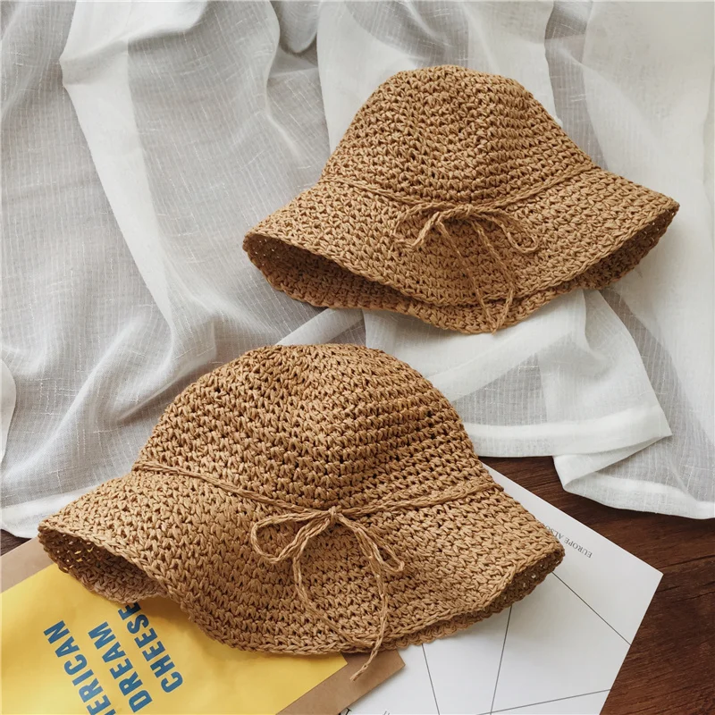 

Korean Children's Straw Girls Sun-Shade Beach Sunscreen Fisherman Hat Spring and Summer Seaside Hand-Woven Parent-Child