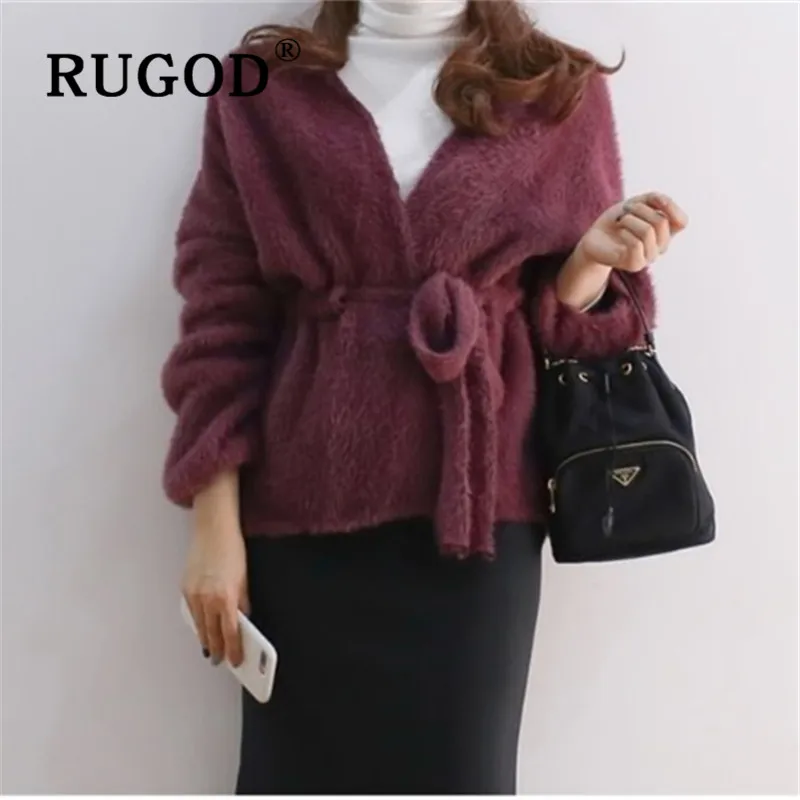 RUGOD Fuzzy Cardigan Belt Collect Waist Sweater Womens Sweaters 2019 Winter Tops For Women Knitwear Fashion Kpop Clothes |