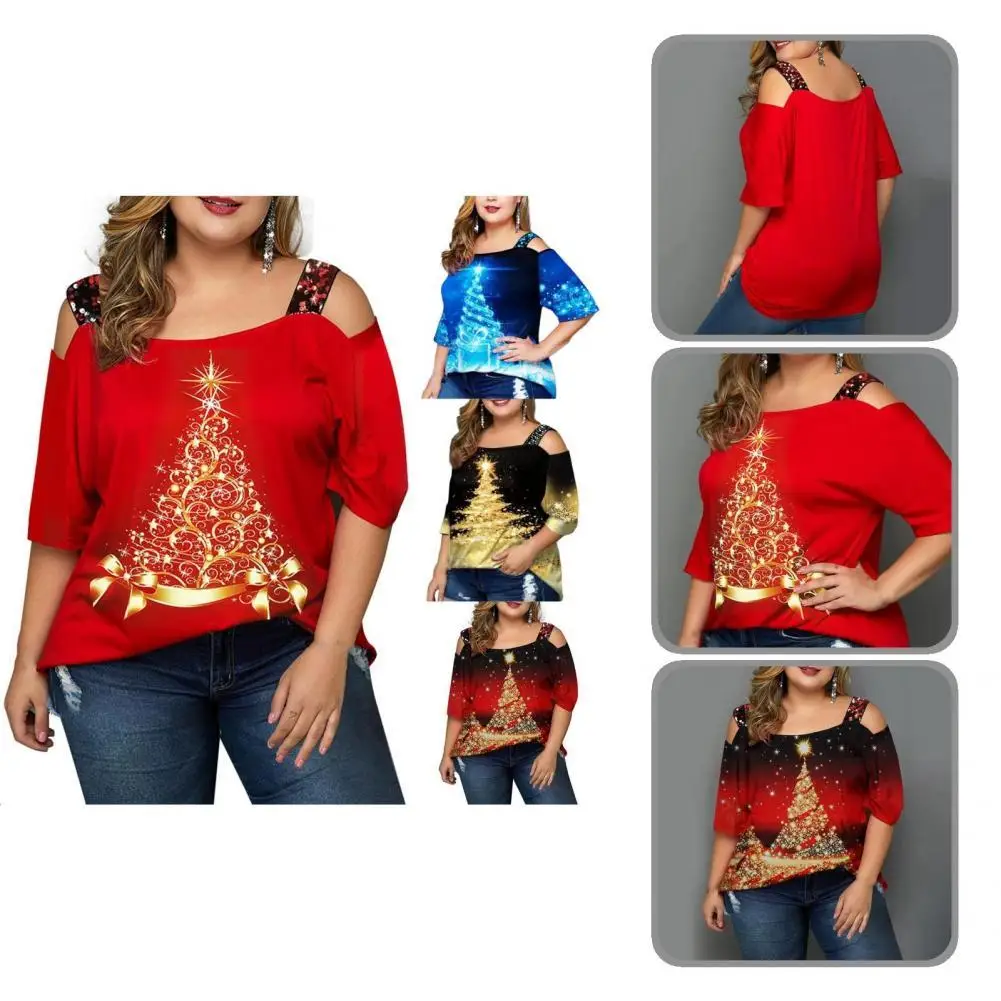 

Durable Fashion Off Shoulder Xmas Blouse 4 Color Casual T-shirt Half Sleeve for Outdoor