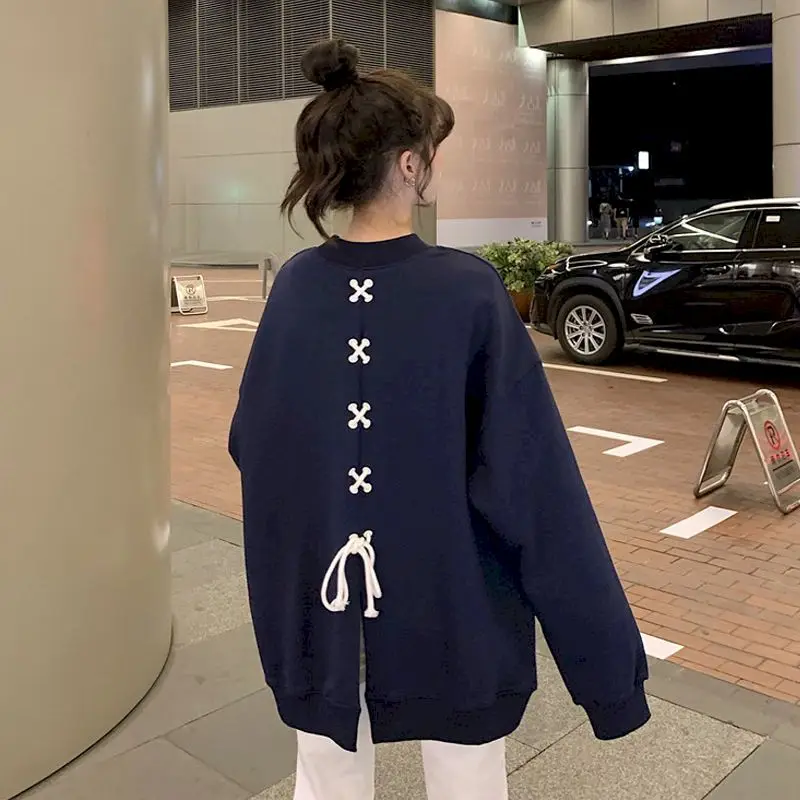 

Foufurieux Letter Printed Sweatshirts Women O Neck Long Sleeve Hoodies Back Drawstring Lace Up Casual Loose Jackets Korean Style