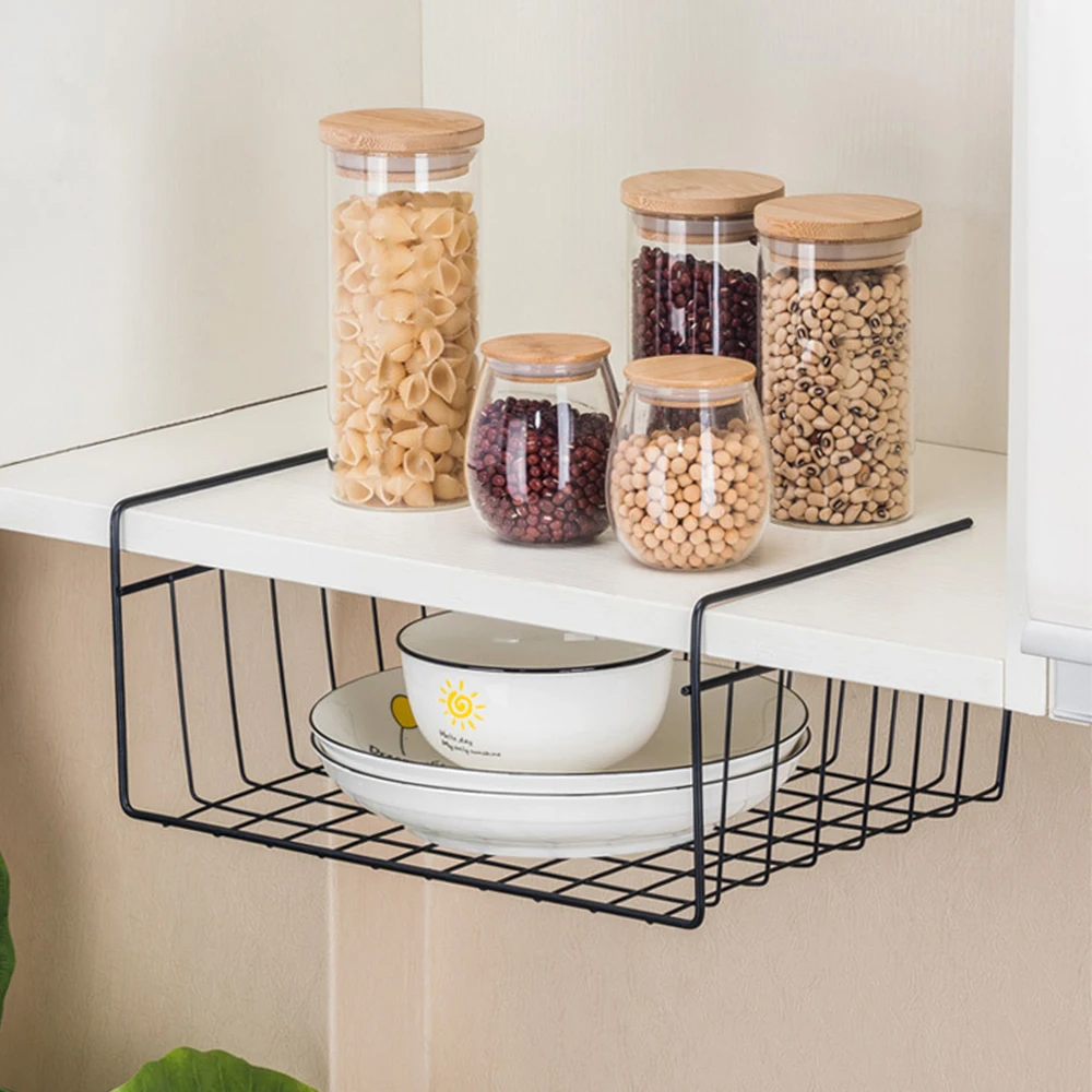 

2pcs Wardrobe Storage Organizer Cupboard Hanging Under Shelf Storage Iron Cabinet Closet Desk Hanging Mesh Basket Wire Bookcase