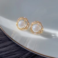 korean new design fashion jewelry exquisite aaa zircon twisted flower 14k gold earrings elegant women pearl prom party earrings