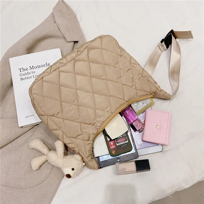 

2020 Rhombic Pattern Nylon Square Bag Women Luxury PU Leather Wide Strap Bags Casual Lady Large Capacity Handbag Solid Color Bag