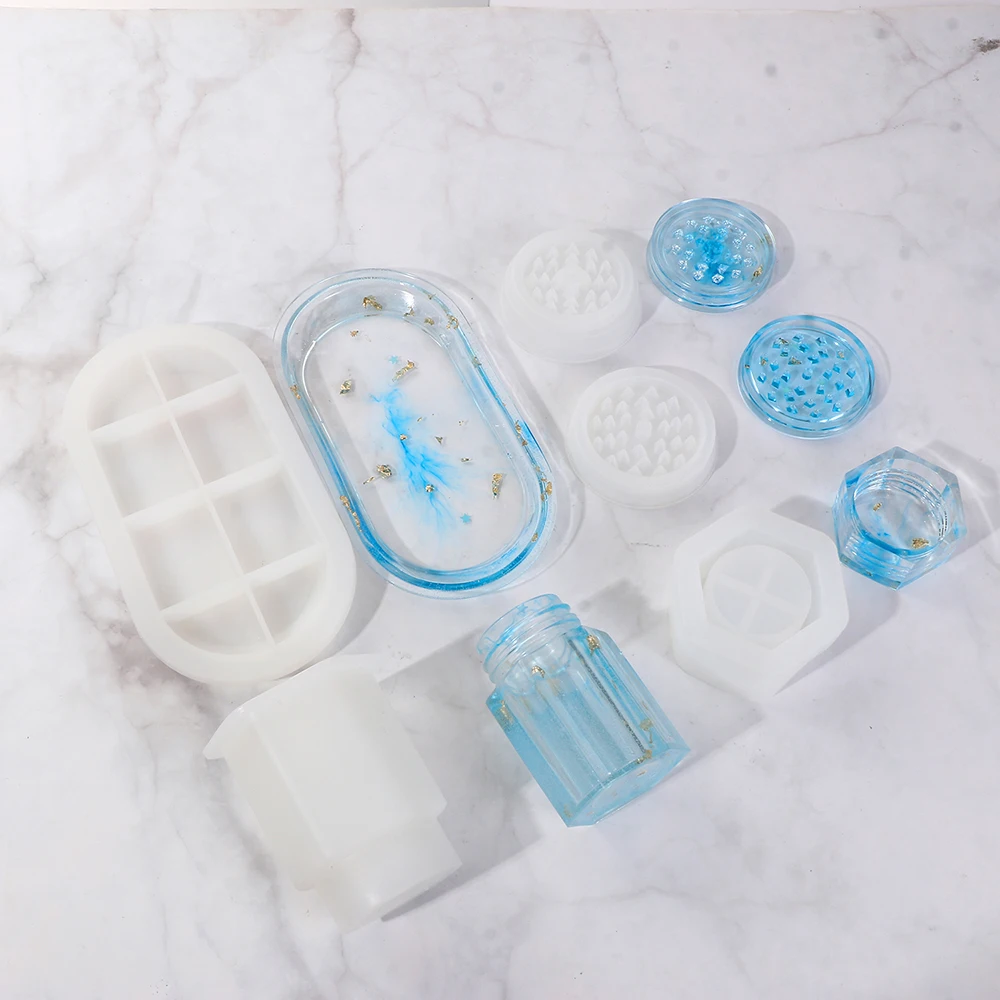Molinillo de hierbas DIY, moldes de fundici&oacute;n de resina, tarro de almacenamiento de especias, molde de silicona epoxi artesanal, decoraciones para el hogar, bandeja rodante, 3 uds.-1