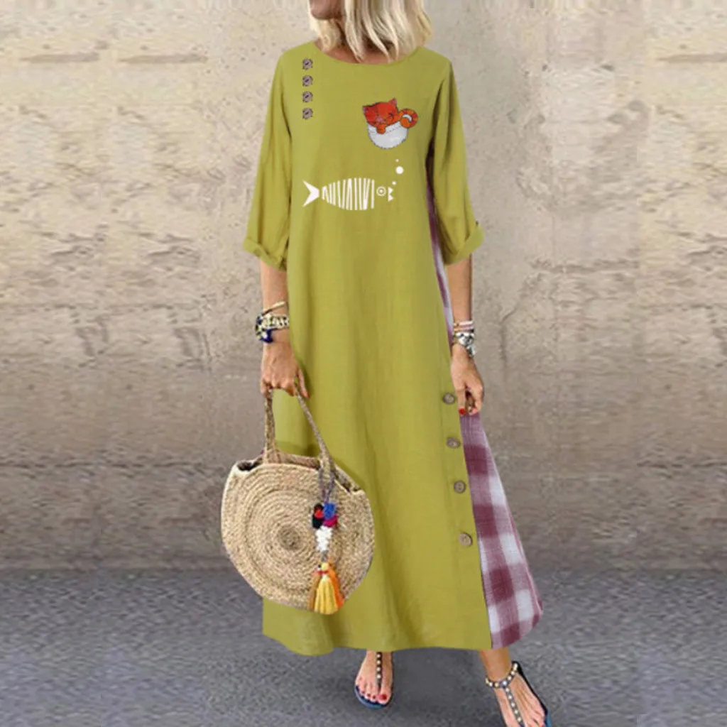 JAYCOSIN длинное платье на пуговицах размера плюс женское из хлопка и льна с принтом