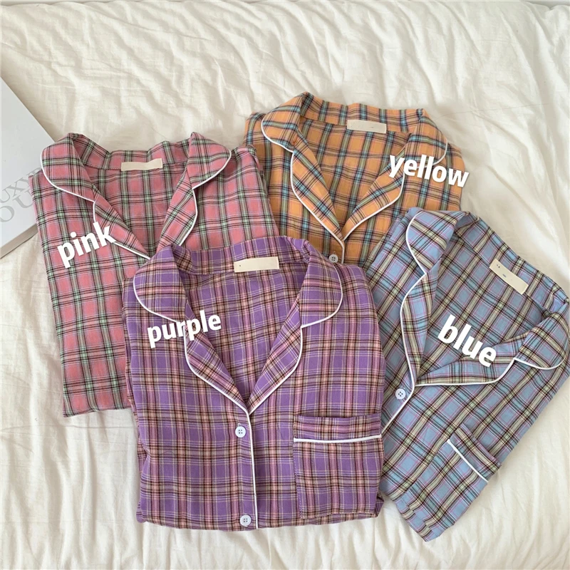 

CBAFU women summer pajama set home suit short sleeve lapel collar tops shorts 2 piece set loose plaid sleepwear pyjamas M753