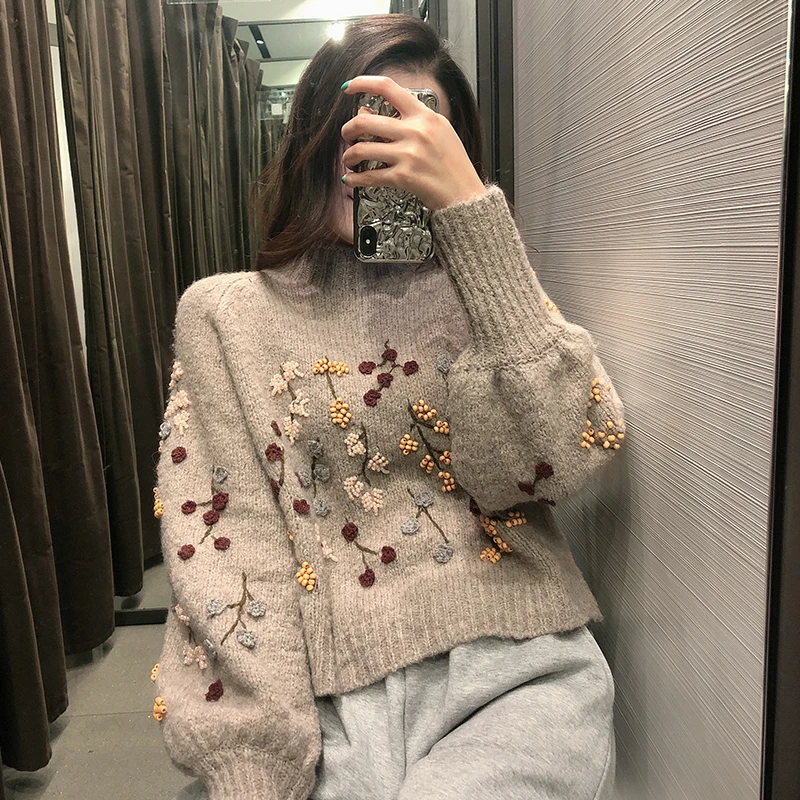 Свитер Женский вязаный с цветочной вышивкой длинным рукавом Осень-зима 2020 |