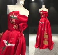 red satin evening dress 100real photos high quality customized strapless a line beadings floor length prom party dancing dress
