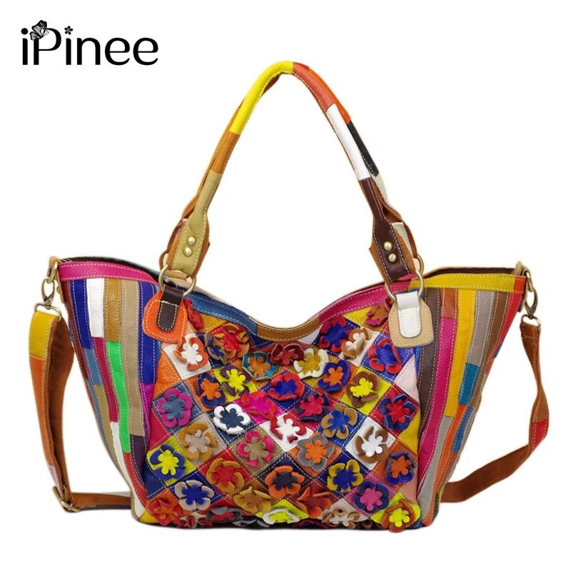 iPinee Hand-made Applique Colorful Women Shoulder Bags Genuine Leather Casual Handbags 2016 Cowhide Bag