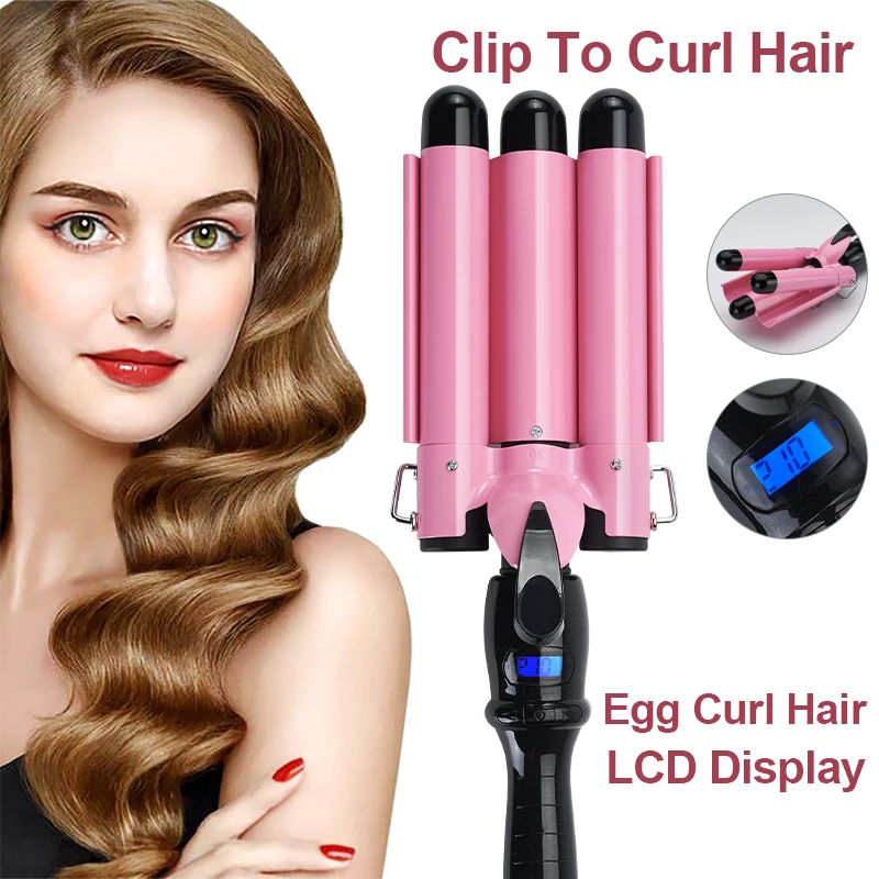 

3 Barrel Hair Curly Styling Tools Pink LCD Display Curling Wand Hair Crimper Ceramic Tourmaline Fast Heating Waver Curly Wave