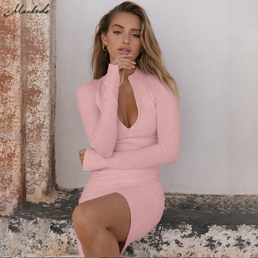 Женское мини платье с высоким воротником Macheda розовое повседневное однотонное