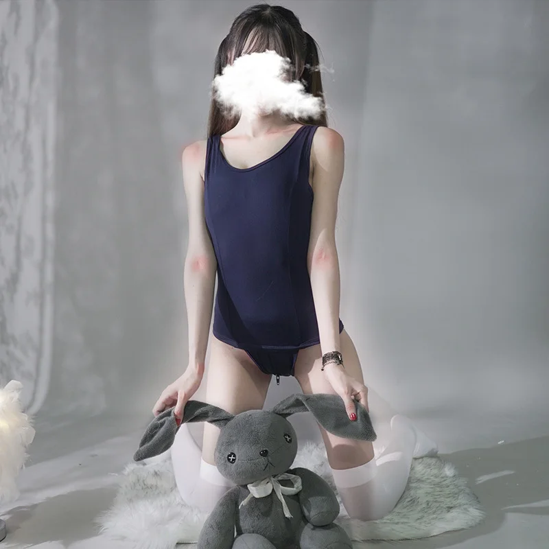 dark blue Японский купальник в стиле Лолиты Sukumizu, Школьный костюм для косплея, один кусок, открытая промежность, сексуальный женский плечевой ремень, черный и синий эротический боди - Цвет: dark blue