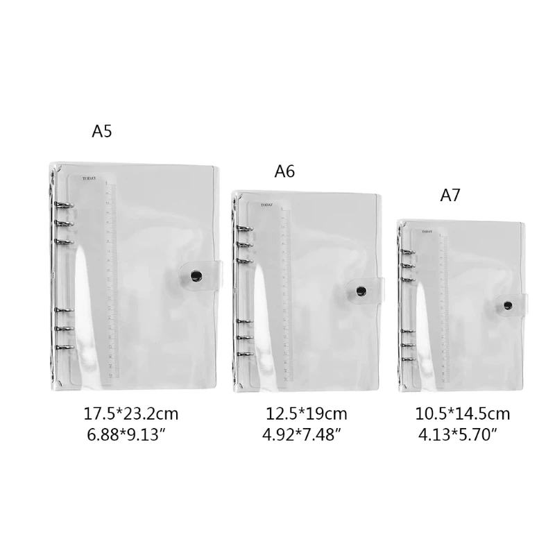 

T8DB A7/A6/A5 Clear Scrapbook Cover PVC 6-ring Binder with Scale Ruler Button Closure School Office Stationery Supplies