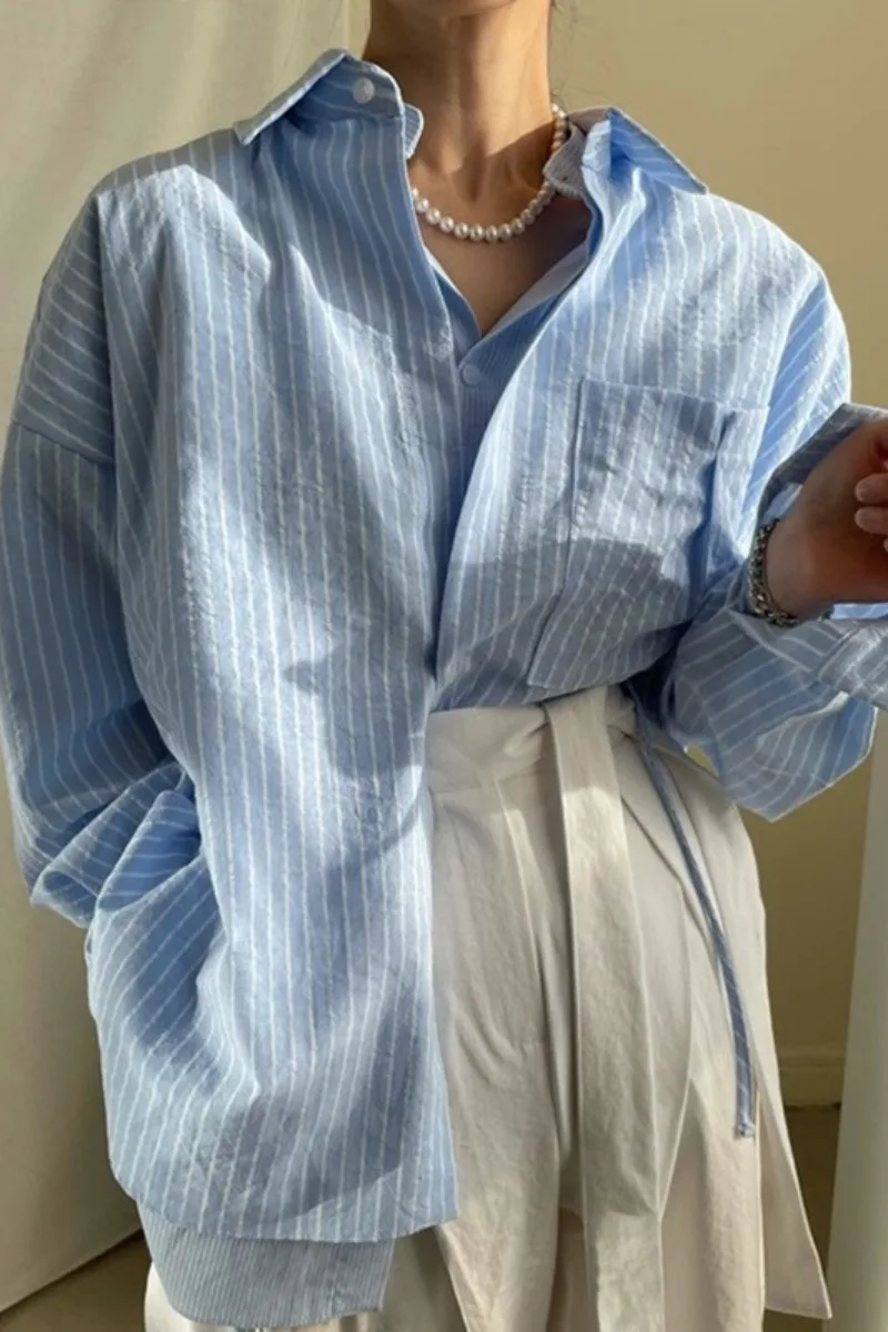 

Korean Fashion Asymmetrical Patchwork Long-sleeved Blouse Spring Women Casual Single Breasted Turn-down Collar Shirts Blouse