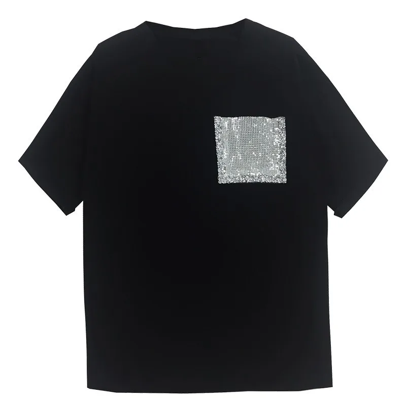 Футболка женская оверсайз с рукавом до локтя круглым вырезом и карманами |