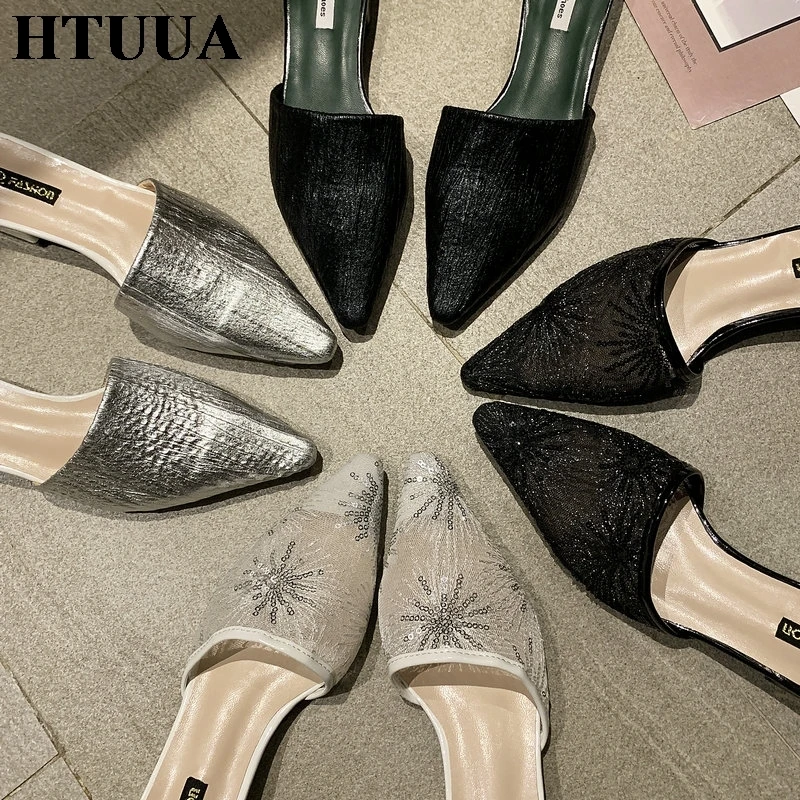 HTUUA/; вышитые шлепанцы с дышащей сеткой; женские шлепанцы с острым носком; шлепанцы на маленьком каблуке; Летняя женская обувь; SX2520