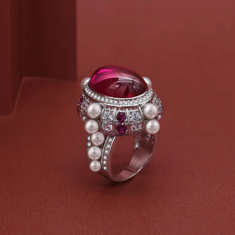 

Royal Egg 15ct Ruby Pearl Diamond Ring 100% Real 925 sterling silver Engagement Wedding band Rings for Women Men Fine Jewelry