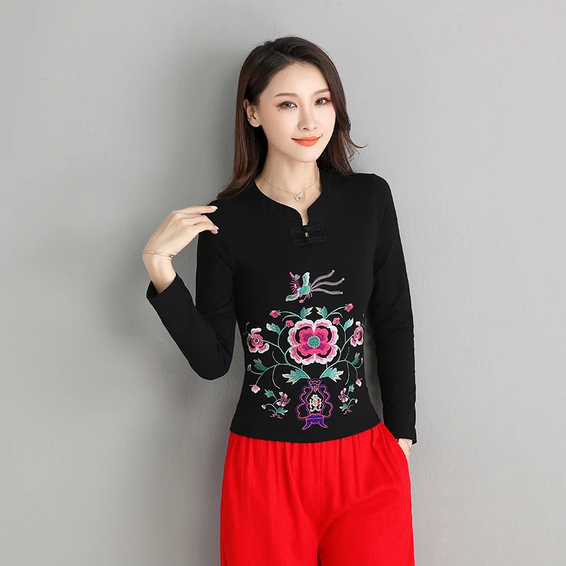 Онлайн Китайский магазин женские топы Плюс Размер осень этнический дизайн