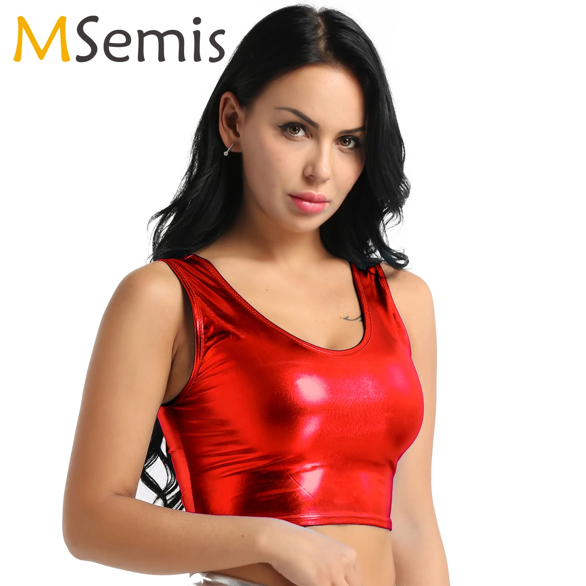 

Shiny Metallic Crop Top Wet Look Sleeveless Sexy Cami Tops Women Candy Color Camisole Tank Vest Bustier Rave Pole Dance Clubwear