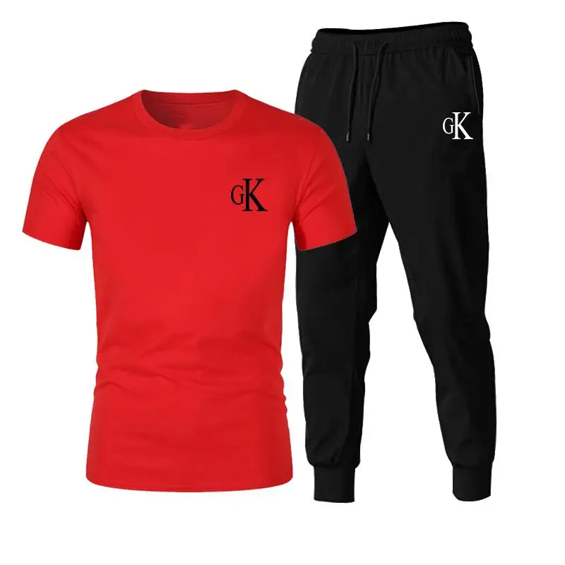 

2021 new T-shirt 2-piece set of artificial printing sleeves + woolen pants sportswear leisure sportswear