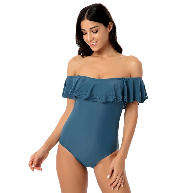 

2020 Summer sexy one piece swim suits Off Shoulder Swimwear with Sexy Ruffled Laser Cutting one piece swimsuit women