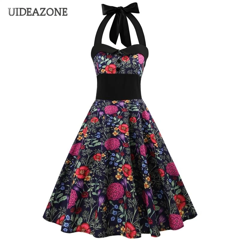 

UIDEAZONE Vintage Floral 3D Print Women Dress Halter Strapless Ladies Dresses A Line Knee Length 2021 Ladies Spring Summer