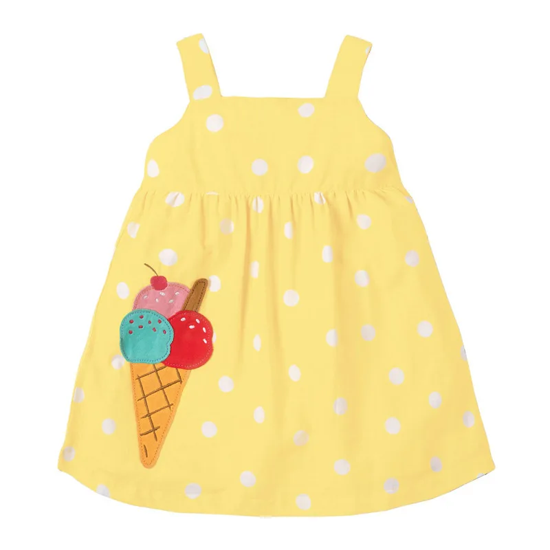 

Little maven 2021 Summer Baby Girls Clothes Brand Toddler Casual Cotton Yellow Dot Ice Cream Applique Dresses for Kids 2-7 Years