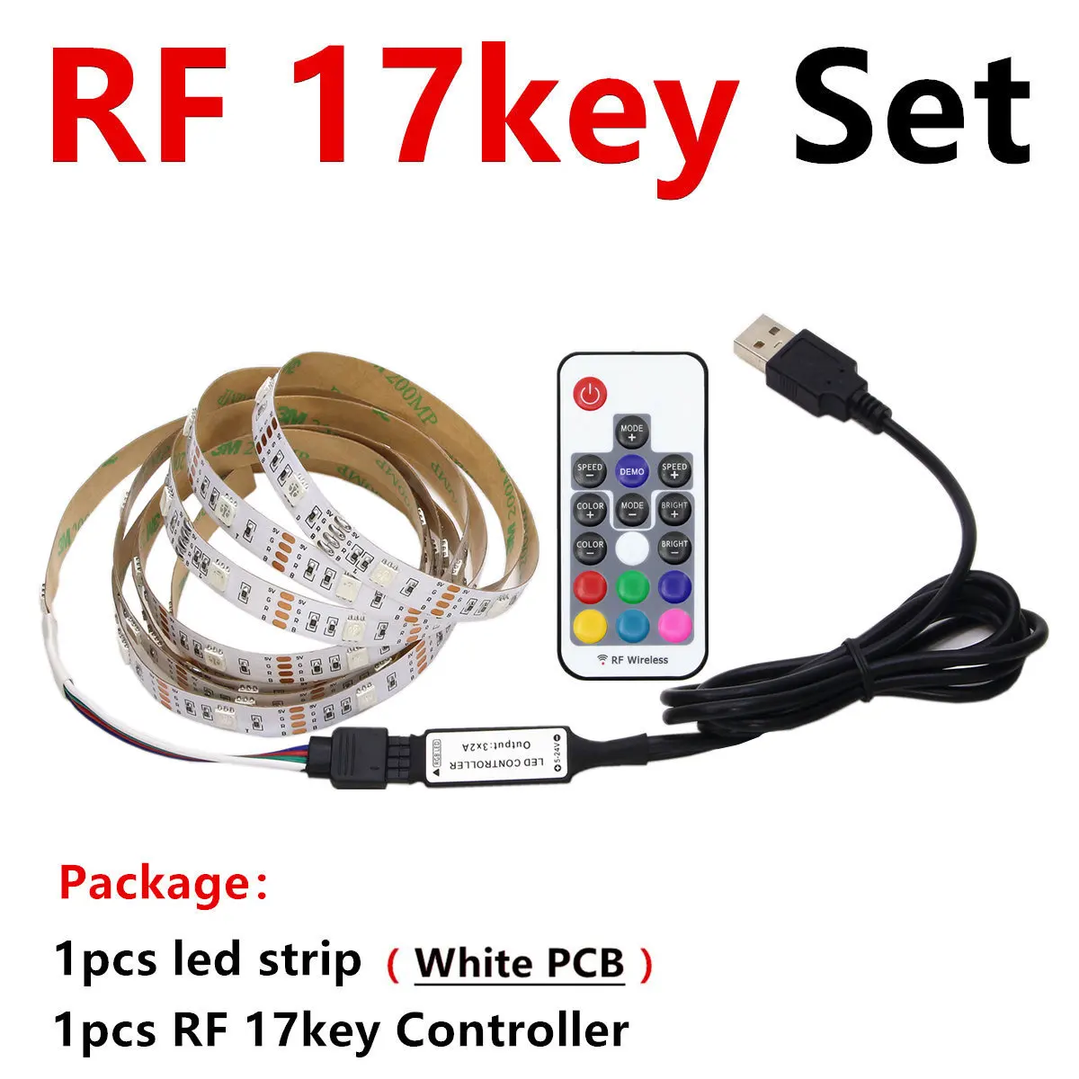 White PCB 17key Set USB RGB Светодиодные ленты Водонепроницаемый 5V 5050 SMD RGB USB Светодиодные ленты светильник с регулируемой яркостью, лента светодиодный светильник 17key 44Key/24key Добавить Wi-Fi - Испускаемый цвет: White PCB 17key Set