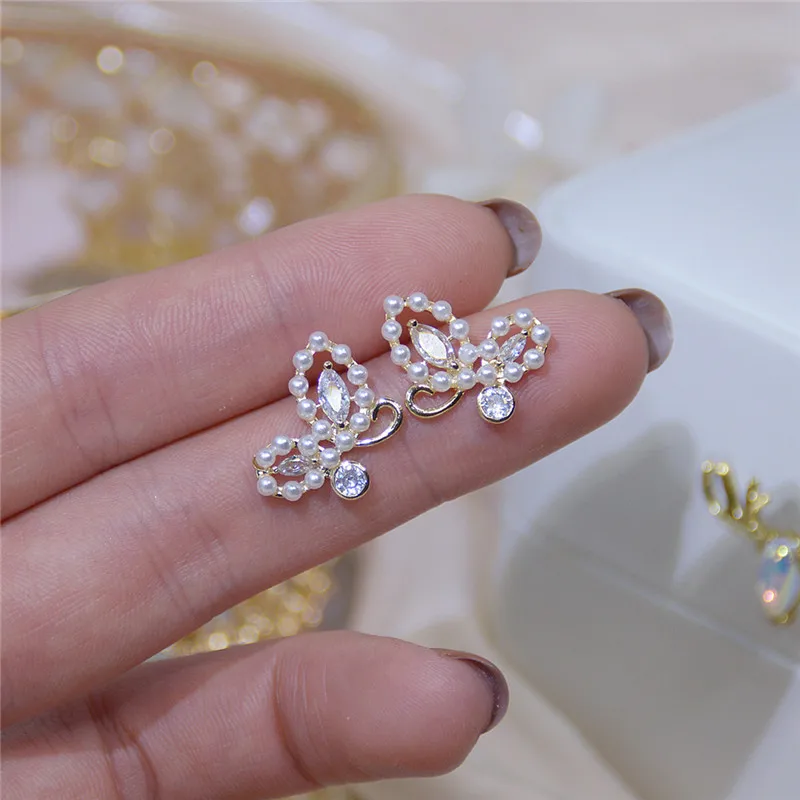 

14K Real Gold Pearl Butterfly Wings Fairy Cute Temperament Stud Earrings for Women Cubic Zircon ZC Earrings