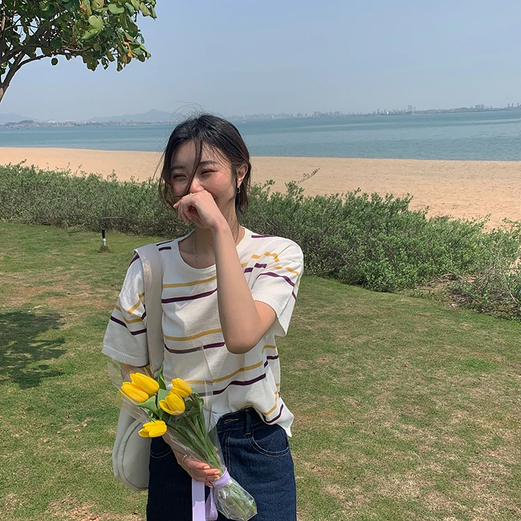 

2 colors spring and summer korean style stripe thin short sleeve knitted top t shirts womens tee shirt femme (F6668)