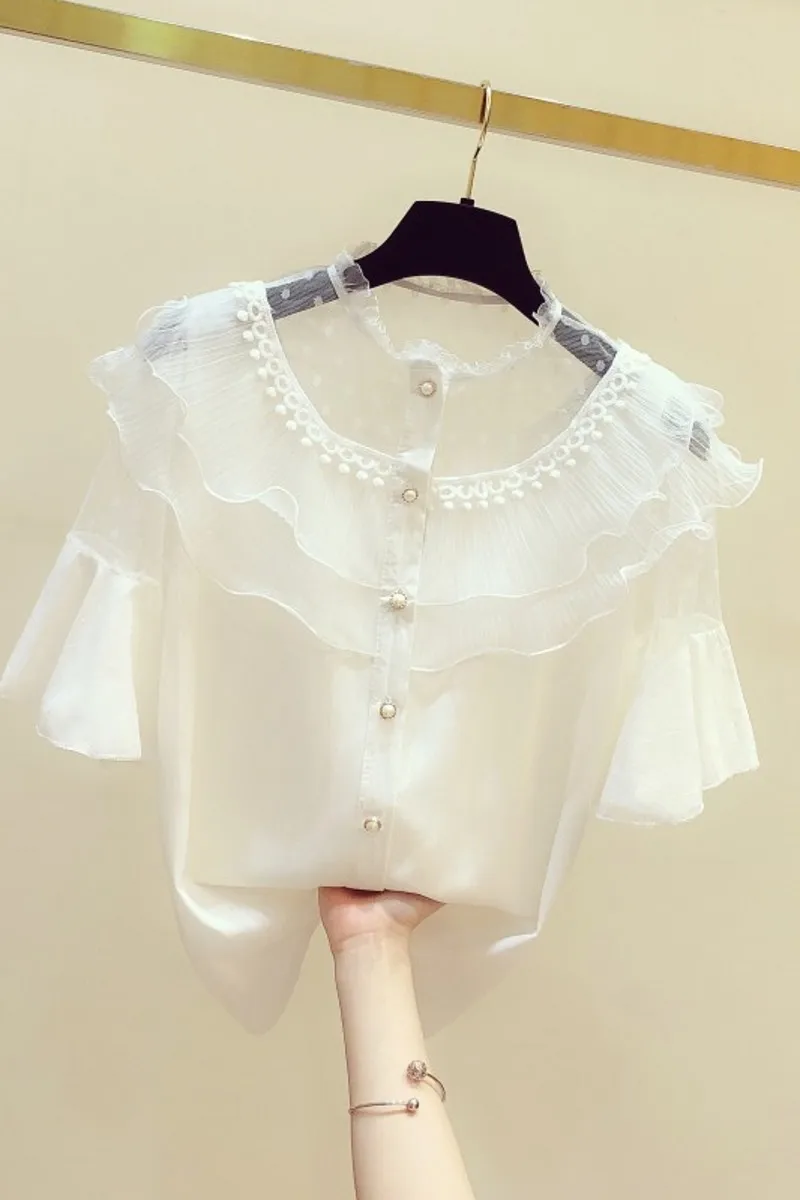 

2020 New Summer Super Fairy Hollow Out Lace Ruffles Flare Sleeve Female Blouses Solid Color Casual Women Shirts Chiffon Top