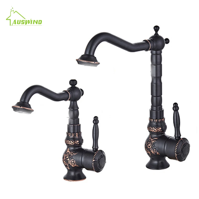 

Старинные Кухонные смесители, матовый черный кран для раковины, поворотный резной, для ванной комнаты, одна ручка, для горячей и холодной мо...