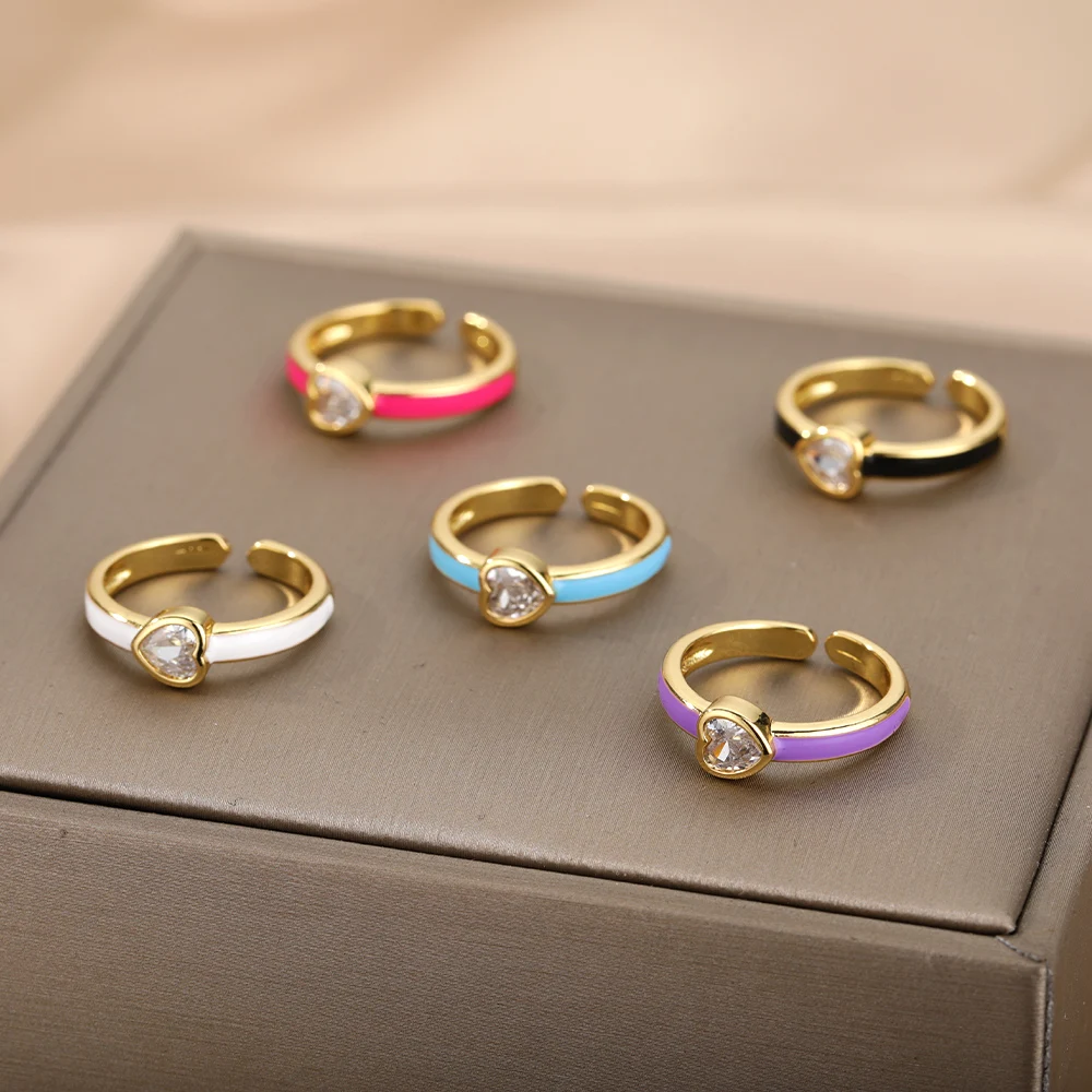 

Cute Love Heart Zircon Gold Open Rings for Women Candy Color Dripping Oil Wedding Rings 2021 Trend Ring Jewelry Gifts On-Sale