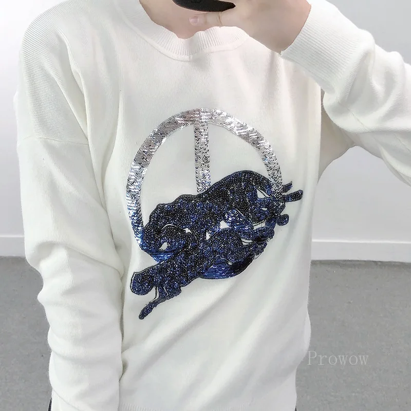 Fashion Sweater with Double Leopard Sequin Embroidered Women Loose Pullover 2021 Autumn Winter Knitwear Jumpers | Женская одежда